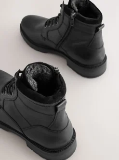 Black Leather Zip-Up Borg Lined Boots