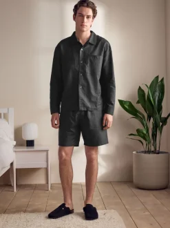 Black Linen Cotton Blend Shirt and Shorts Set