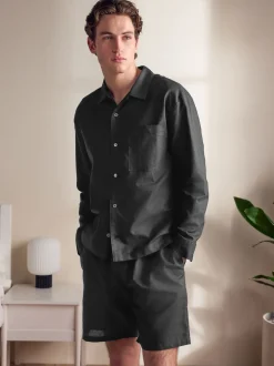 Black Linen Cotton Blend Shirt and Shorts Set