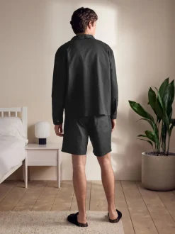 Black Linen Cotton Blend Shirt and Shorts Set