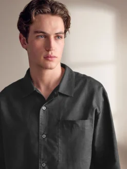 Black Linen Cotton Blend Shirt and Shorts Set