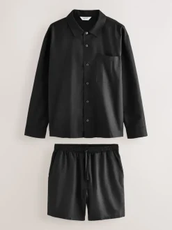 Black Linen Cotton Blend Shirt and Shorts Set