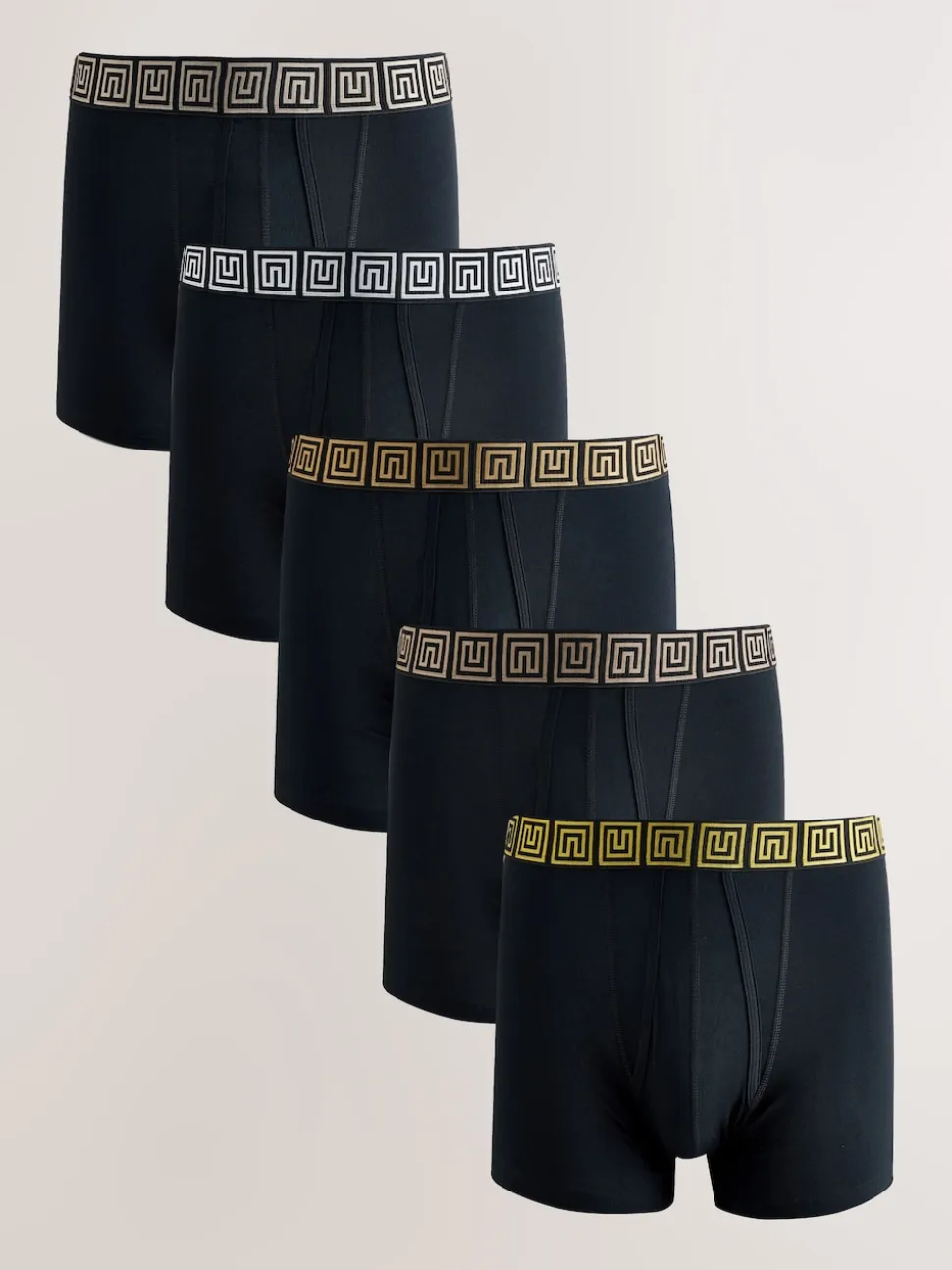 Black Metallic Pattern Waistbands 5 Pack A-Front Cotton Rich Boxers