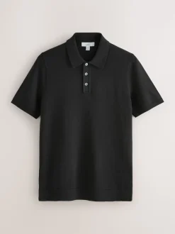 Black Muscle Fit Cotton Rich Short Sleeve Knit Polo Shirt