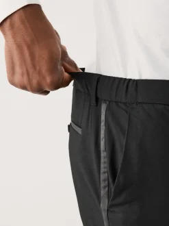 Black Muscle Fit Motionflex Textured Tuxedo Trousers With Side Tape