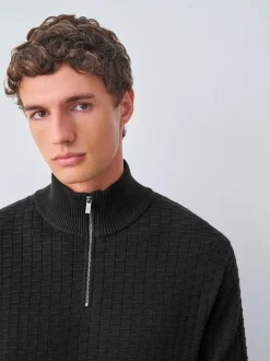 Black N.Premium Cotton Rich Regular Fit Premium Textured Quarter Zip Neck Jumper