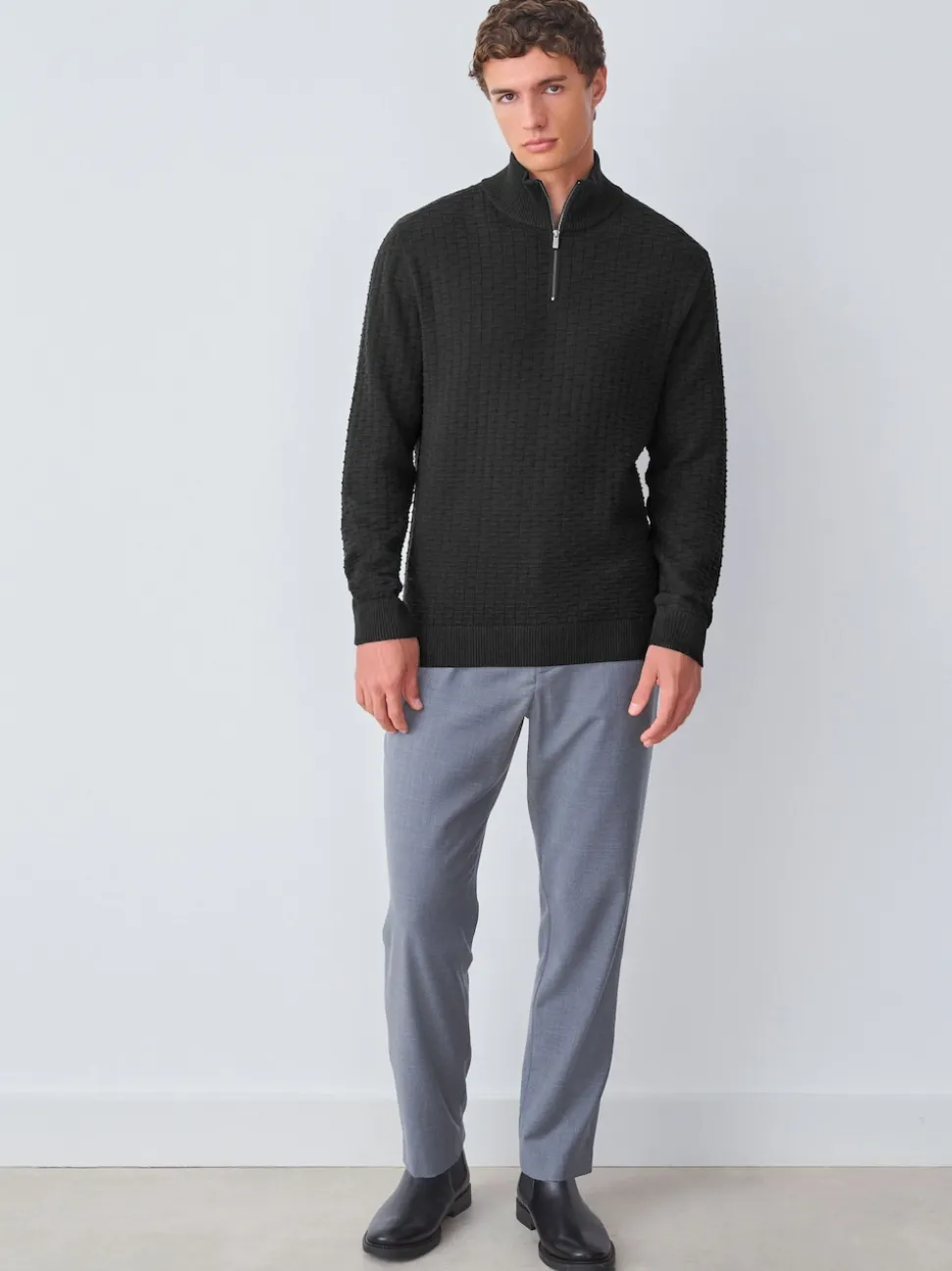 Black N.Premium Cotton Rich Regular Fit Premium Textured Quarter Zip Neck Jumper