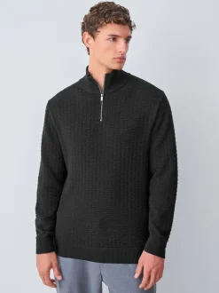 Black N.Premium Cotton Rich Regular Fit Premium Textured Quarter Zip Neck Jumper
