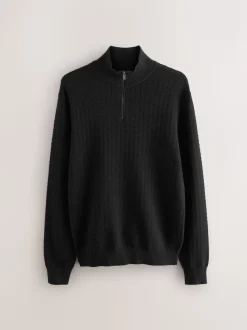 Black N.Premium Cotton Rich Regular Fit Premium Textured Quarter Zip Neck Jumper