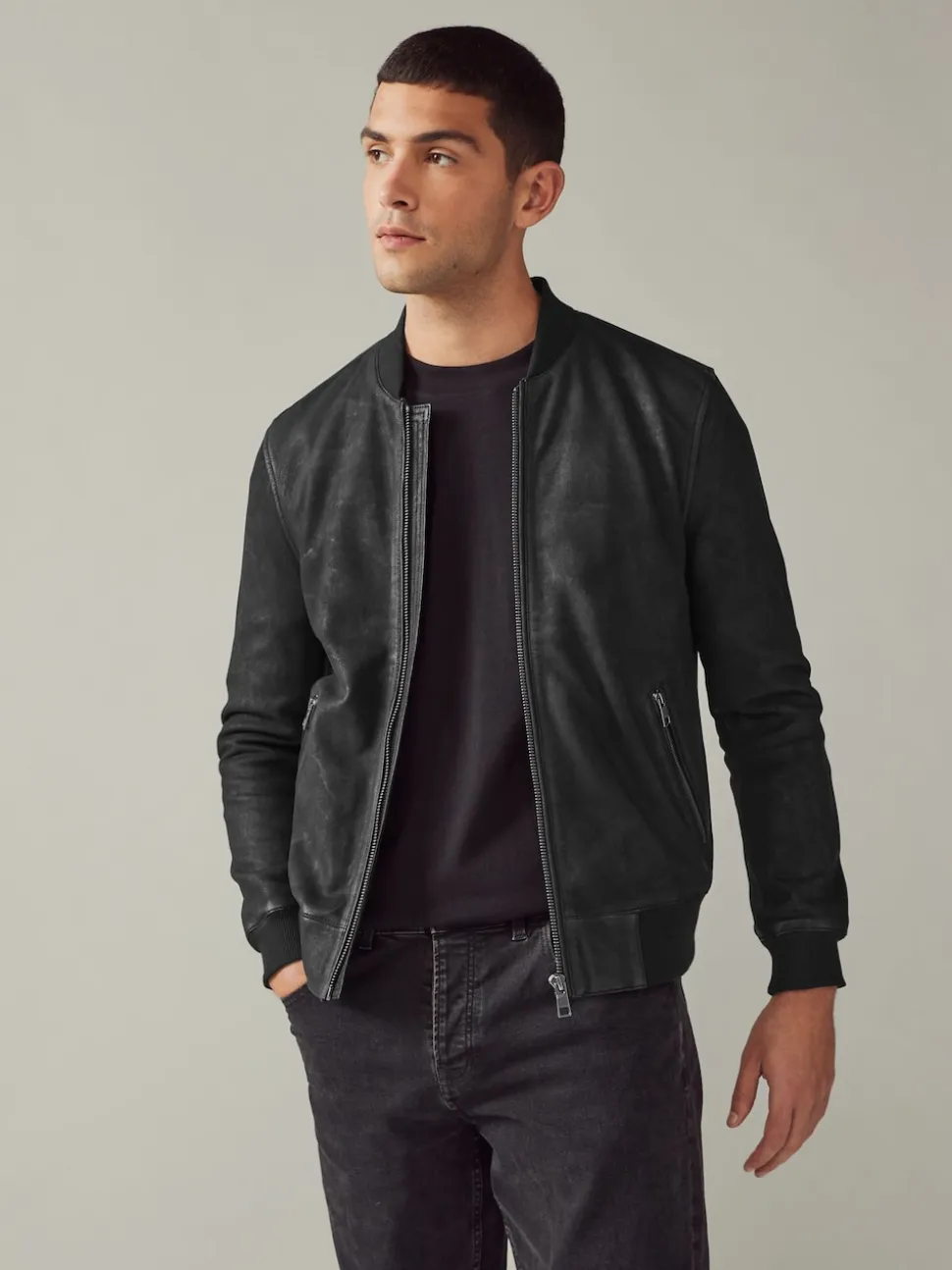 Black Nubuck Leather Bomber Jacket