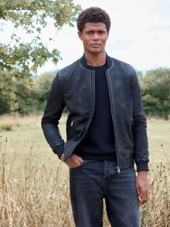 Black Nubuck Leather Bomber Jacket