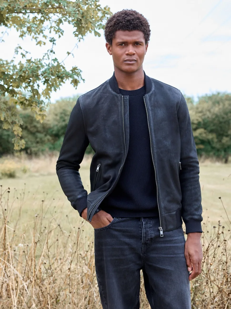 Black Nubuck Leather Bomber Jacket