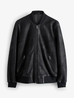 Black Nubuck Leather Bomber Jacket
