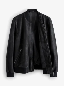 Black Nubuck Leather Bomber Jacket