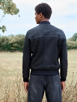 Black Nubuck Leather Bomber Jacket