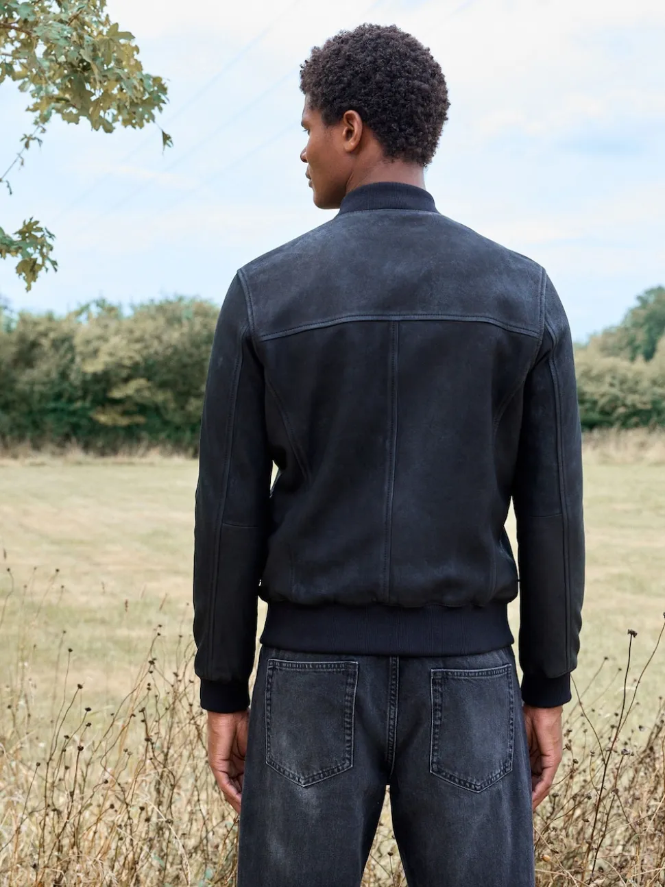 Black Nubuck Leather Bomber Jacket