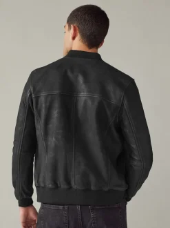 Black Nubuck Leather Bomber Jacket