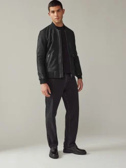 Black Nubuck Leather Bomber Jacket