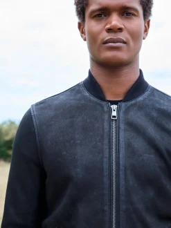Black Nubuck Leather Bomber Jacket
