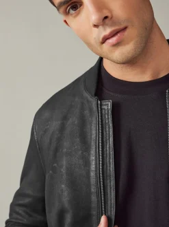 Black Nubuck Leather Bomber Jacket