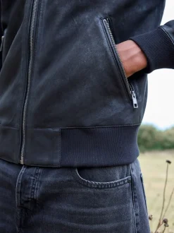 Black Nubuck Leather Bomber Jacket