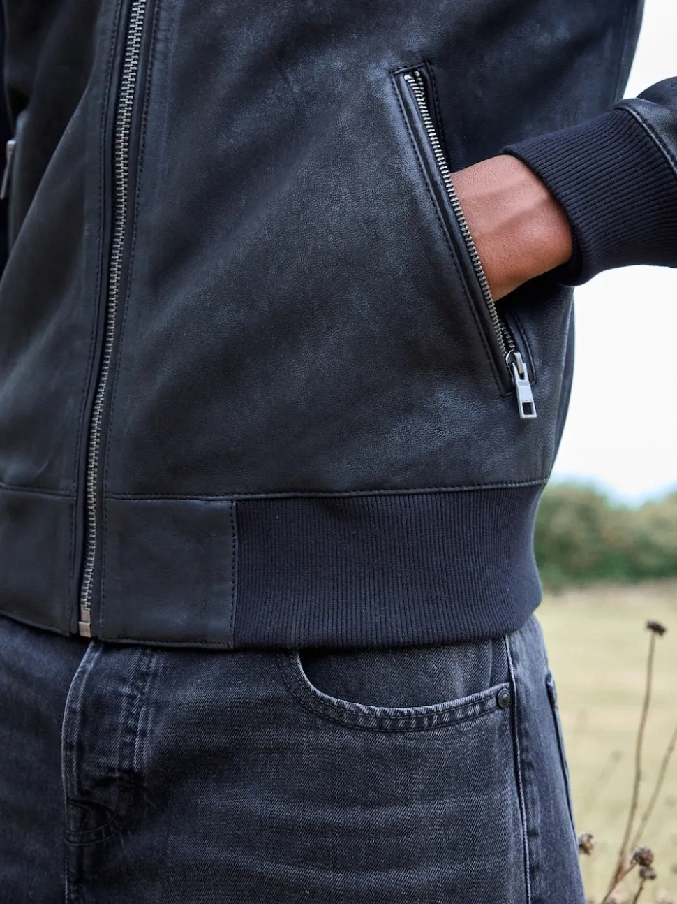 Black Nubuck Leather Bomber Jacket