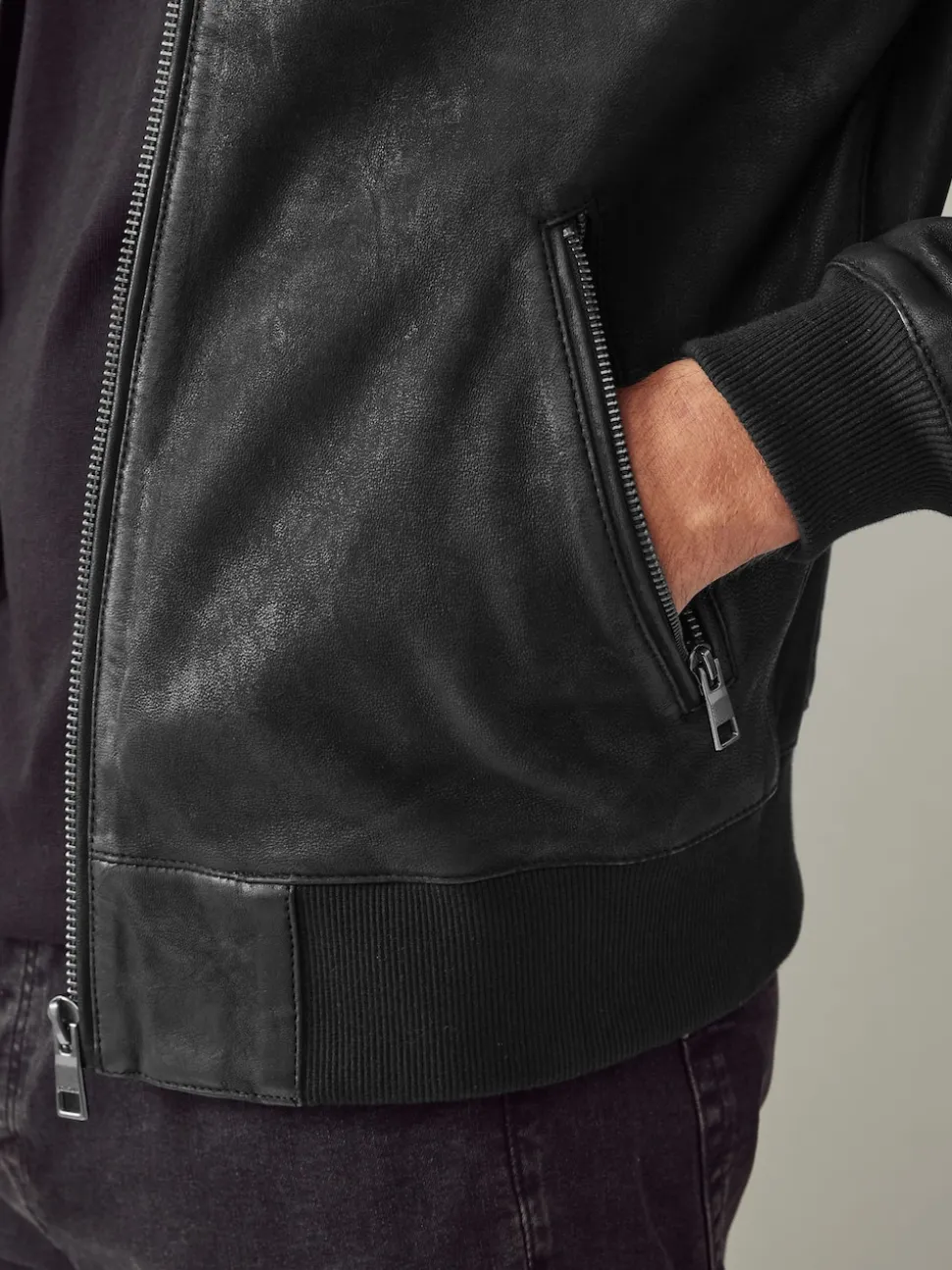 Black Nubuck Leather Bomber Jacket