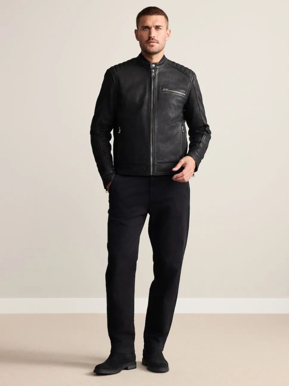 Black Nubuck Signature Leather Racer Jacket