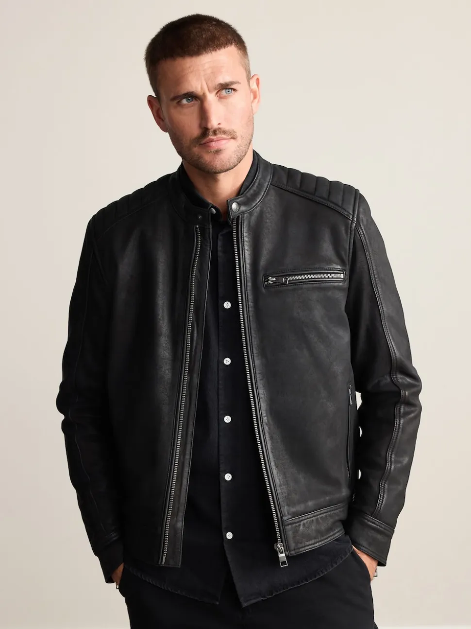 Black Nubuck Signature Leather Racer Jacket