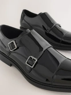 Black Patent Toecap Double Monk Shoes