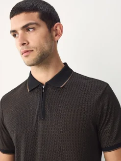 Black Pattern Quarter Zip Polo Shirt