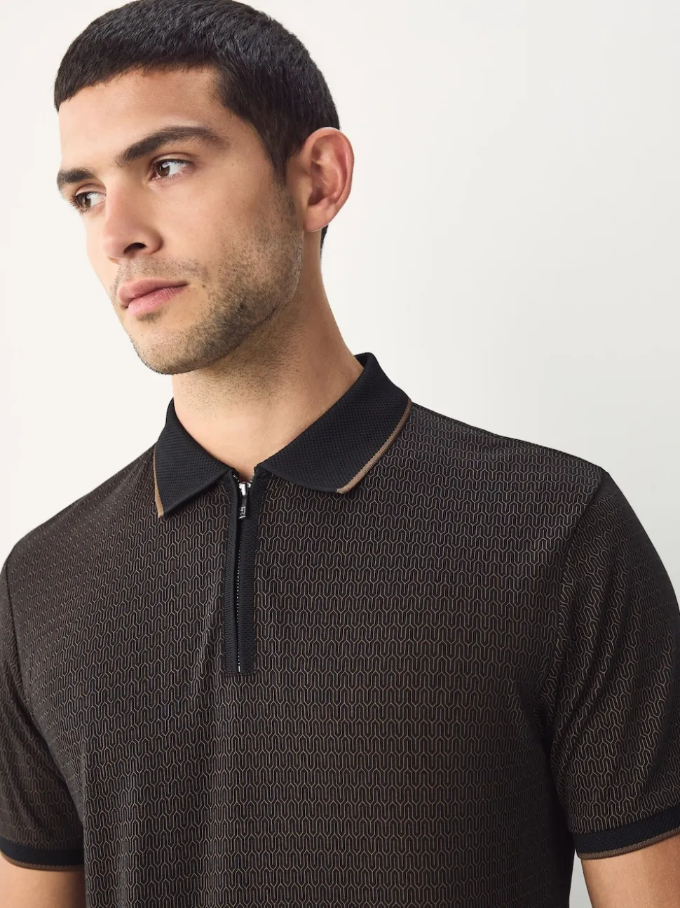 Black Pattern Quarter Zip Polo Shirt