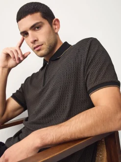 Black Pattern Quarter Zip Polo Shirt