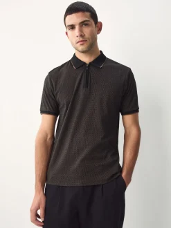 Black Pattern Quarter Zip Polo Shirt