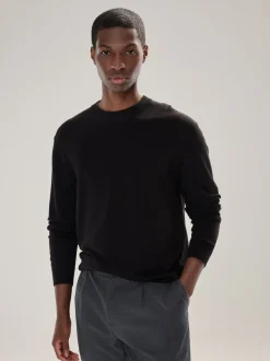 Black Plain Regular Fit Cotton Rich Crew Neck Jumper