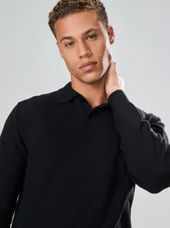 Black Plain Regular Fit Essential Long Sleeve Knitted Polo Shirt