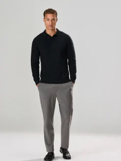 Black Plain Regular Fit Essential Long Sleeve Knitted Polo Shirt