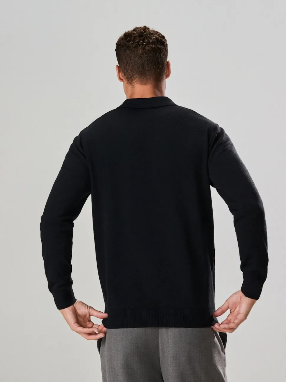 Black Plain Regular Fit Essential Long Sleeve Knitted Polo Shirt