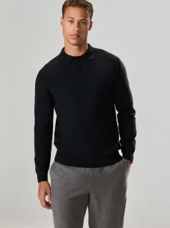 Black Plain Regular Fit Essential Long Sleeve Knitted Polo Shirt