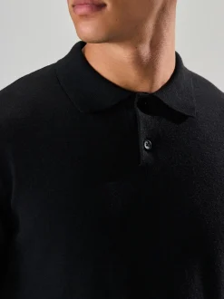 Black Plain Regular Fit Essential Long Sleeve Knitted Polo Shirt