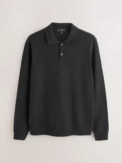 Black Plain Regular Fit Essential Long Sleeve Knitted Polo Shirt