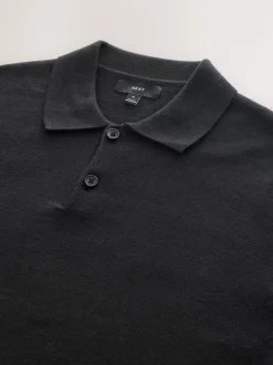 Black Plain Regular Fit Essential Long Sleeve Knitted Polo Shirt