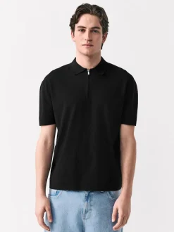 Black Quarter Zip N.Premium Relaxed Fit Mid Weight Short Sleeve Knit Polo Shirt