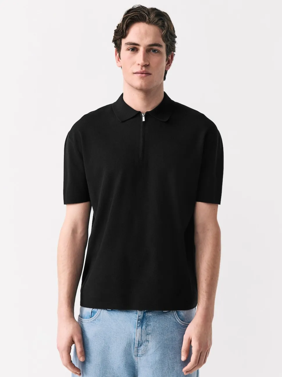 Black Quarter Zip N.Premium Relaxed Fit Mid Weight Short Sleeve Knit Polo Shirt