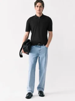 Black Quarter Zip N.Premium Relaxed Fit Mid Weight Short Sleeve Knit Polo Shirt