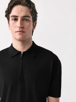 Black Quarter Zip N.Premium Relaxed Fit Mid Weight Short Sleeve Knit Polo Shirt