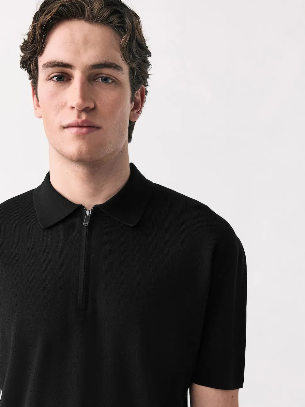 Black Quarter Zip N.Premium Relaxed Fit Mid Weight Short Sleeve Knit Polo Shirt