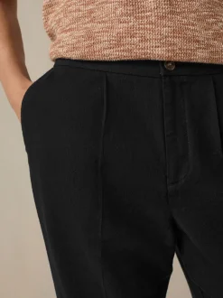 Black Regular Fit Cotton Linen Blend Elasticated Back Trousers
