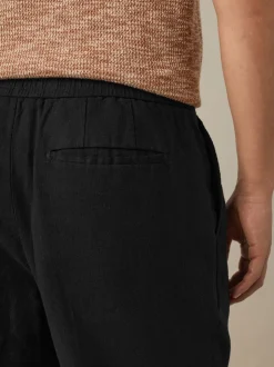 Black Regular Fit Cotton Linen Blend Elasticated Back Trousers