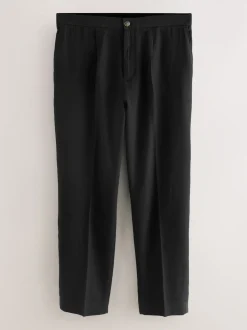 Black Regular Fit Cotton Linen Blend Elasticated Back Trousers